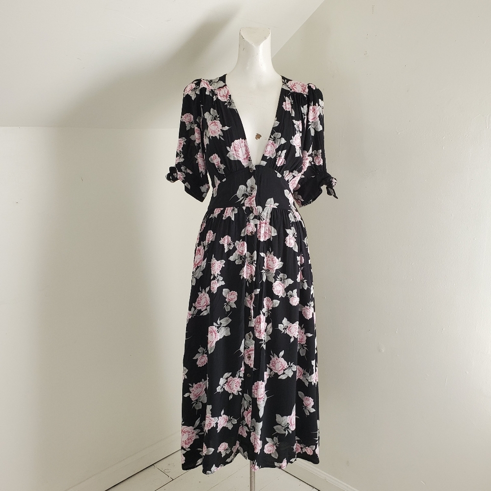 Free People Rose Print Deep V Midi Dress